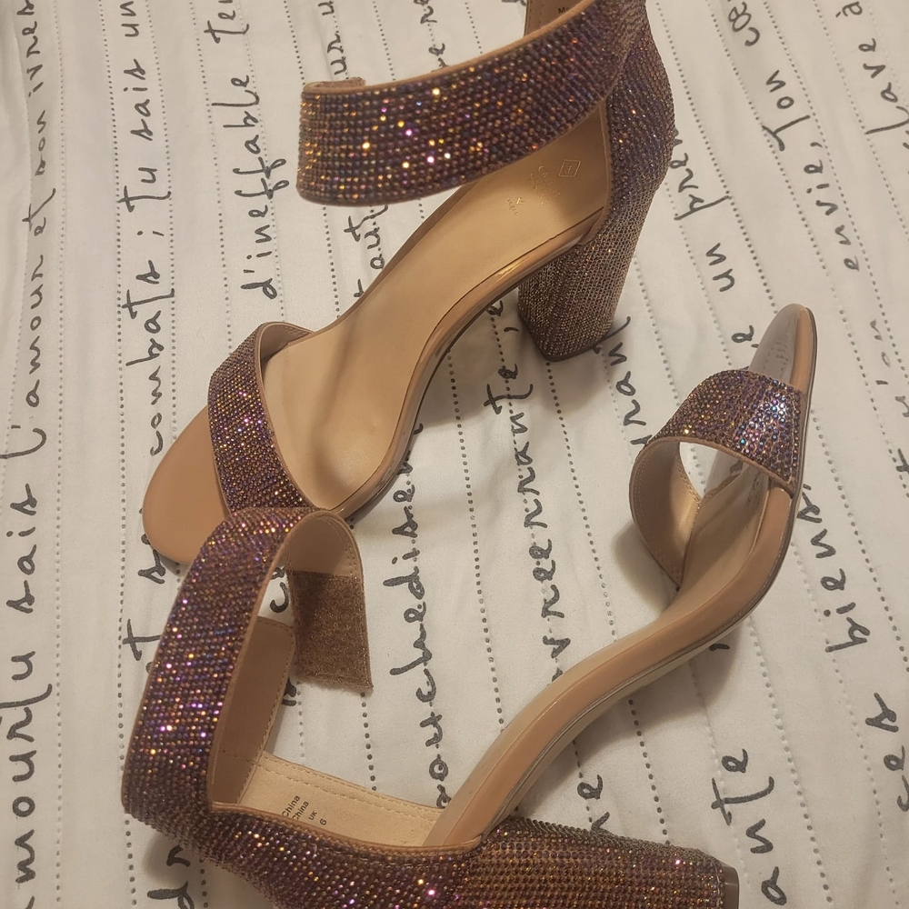 Call It Spring Glitter Block Heel Sandals - Purple and Tan